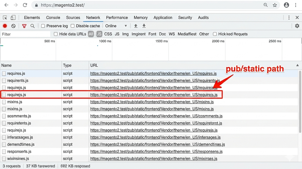 DevTools Network validando carga desde pub/static
